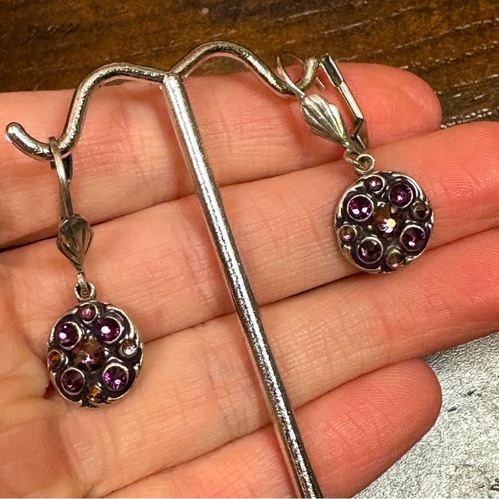 Anne Koplik purple and silver circle dangle earrings for pierced ears